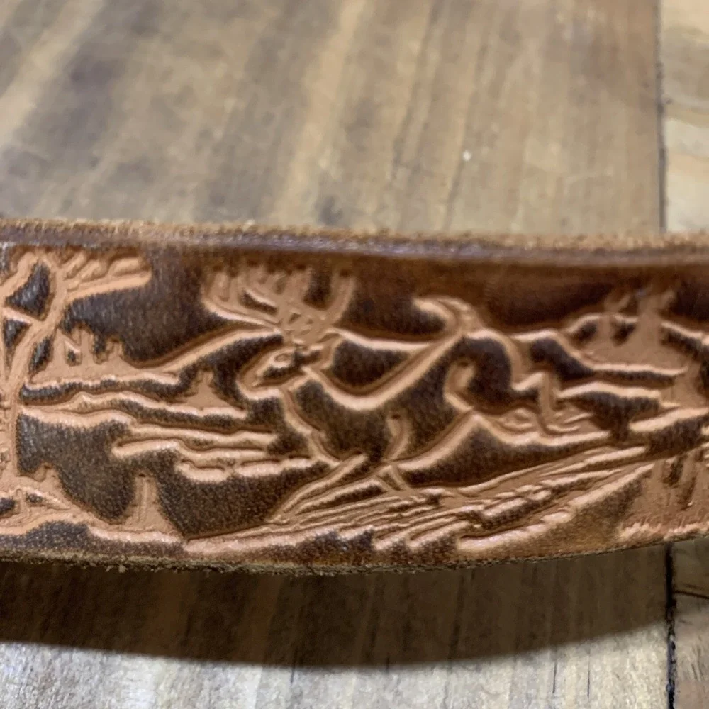 Western Hand Tooled Leather Belt Deer Antler Mountain Theme Buckle 41-48